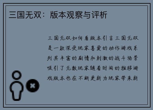 三国无双：版本观察与评析